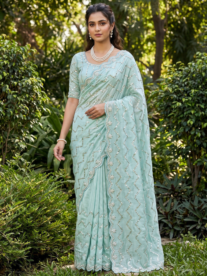 Sequin & Pearl Embroidered Silk Saree with Scalloped Border and Blouse Piece