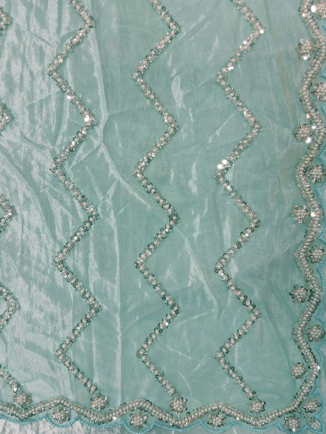 Sequin & Pearl Embroidered Silk Saree with Scalloped Border and Blouse Piece