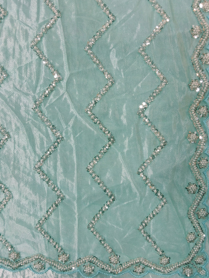 Sequin & Pearl Embroidered Silk Saree with Scalloped Border and Blouse Piece