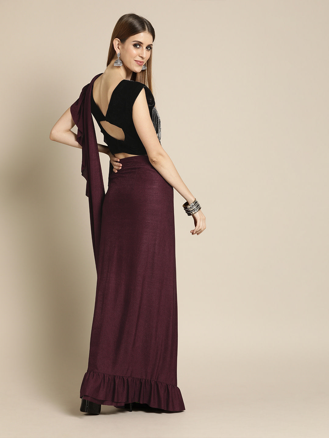 Ruffled Pre-Draped Lycra Saree with Black Tasseled Oxidized Embroidery Velvet Blouse