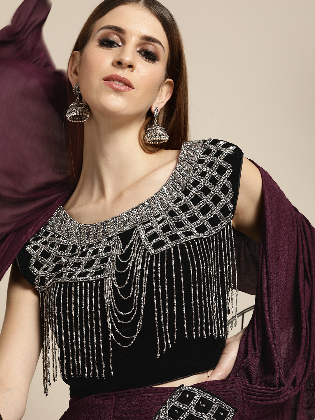 Ruffled Pre-Draped Lycra Saree with Black Tasseled Oxidized Embroidery Velvet Blouse