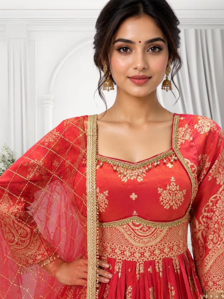 Tissue Floral Printed Anarkali Gown Set with Sequin Embroidered Dupatta & Bell Sleeves