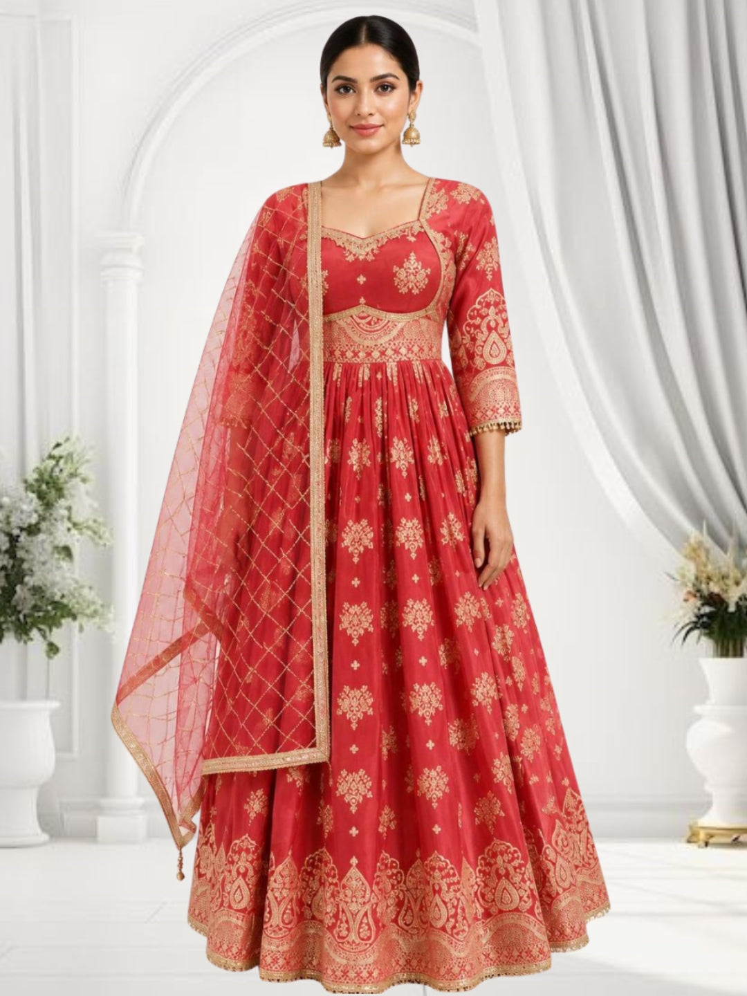 Tissue Floral Printed Anarkali Gown Set with Sequin Embroidered Dupatta & Bell Sleeves