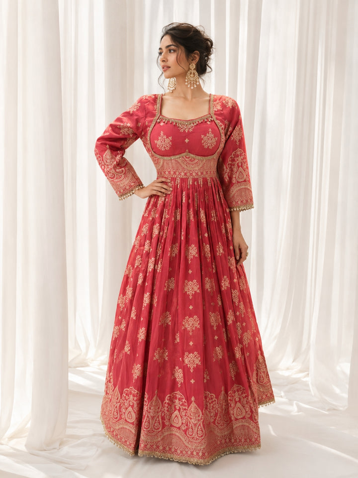 Tissue Floral Printed Anarkali Gown Set with Sequin Embroidered Dupatta & Bell Sleeves
