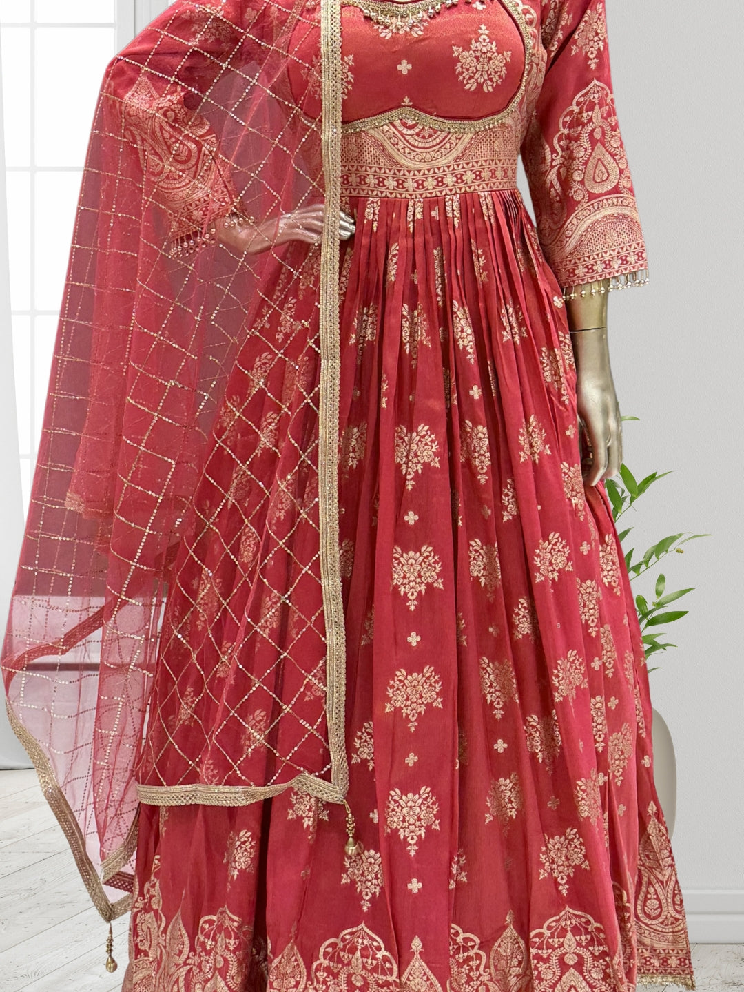Tissue Floral Printed Anarkali Gown Set with Sequin Embroidered Dupatta & Bell Sleeves