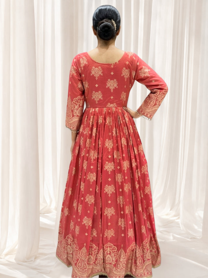 Tissue Floral Printed Anarkali Gown Set with Sequin Embroidered Dupatta & Bell Sleeves