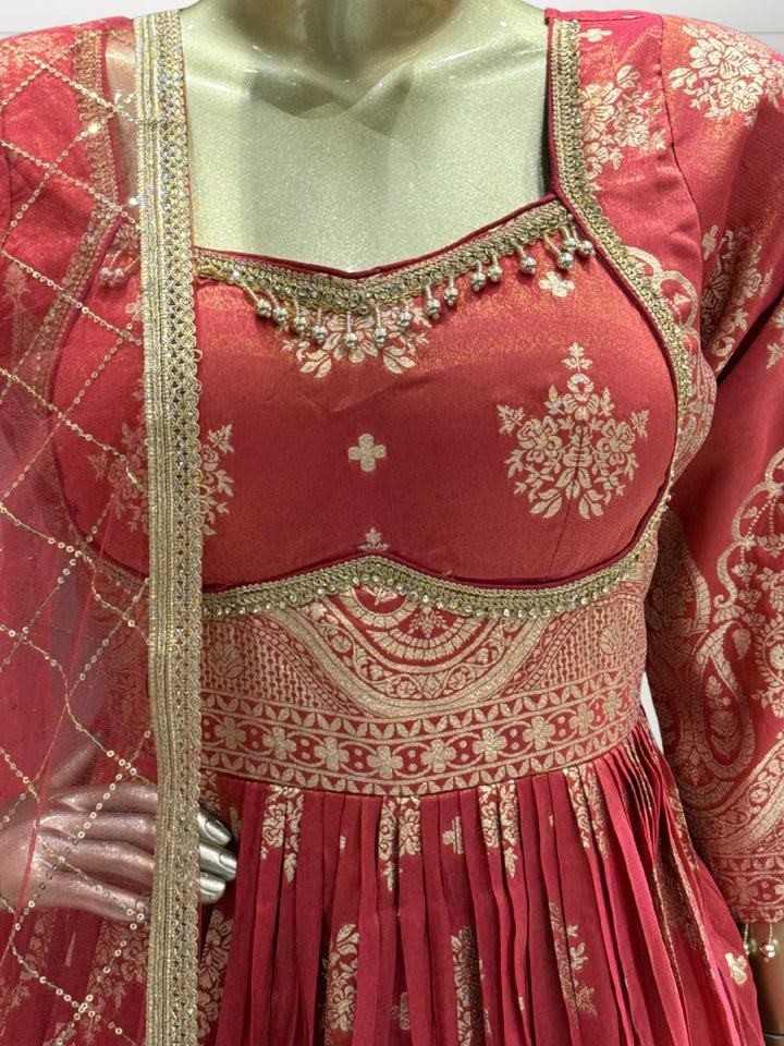 Tissue Floral Printed Anarkali Gown Set with Sequin Embroidered Dupatta & Bell Sleeves