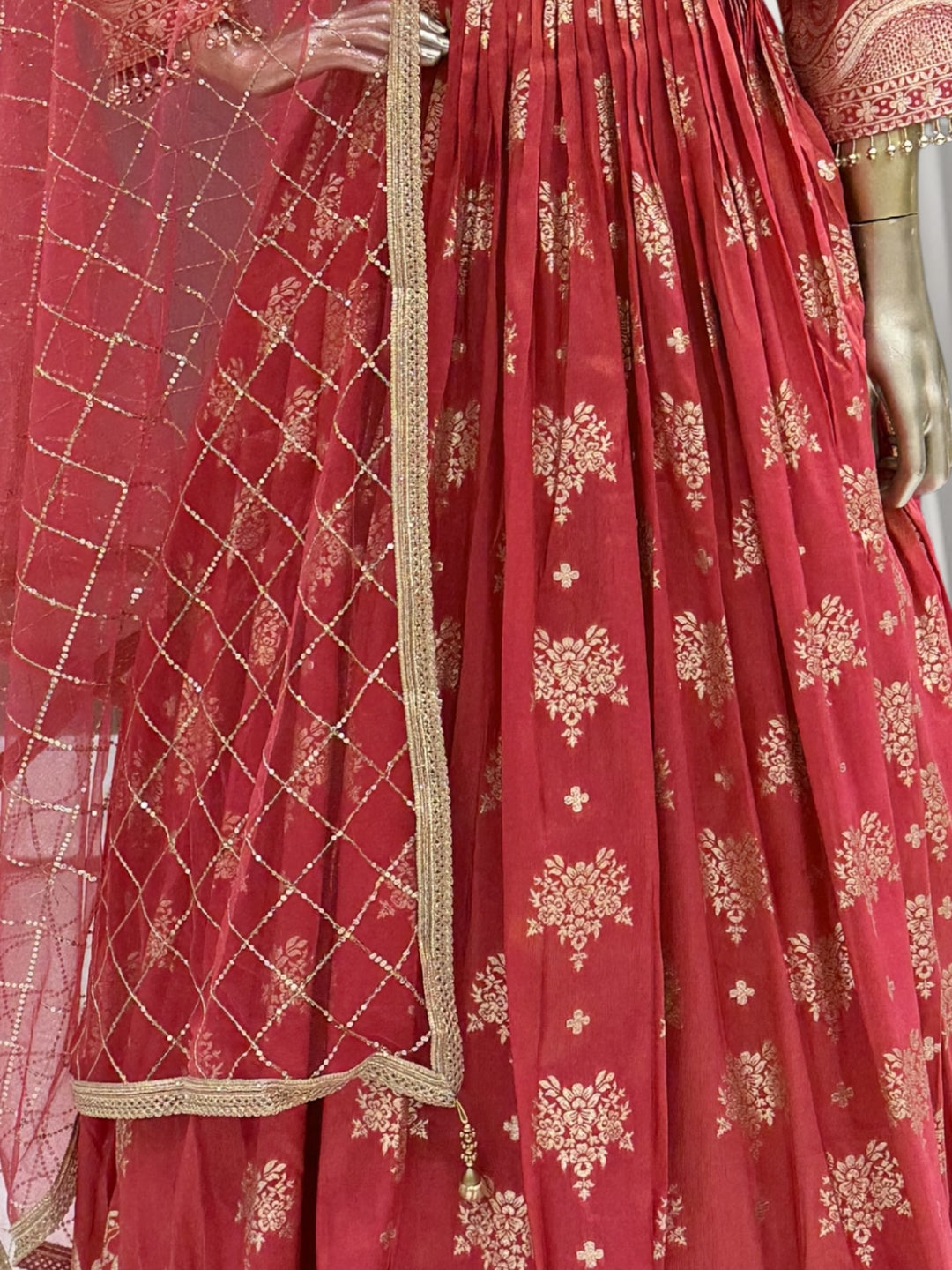 Tissue Floral Printed Anarkali Gown Set with Sequin Embroidered Dupatta & Bell Sleeves