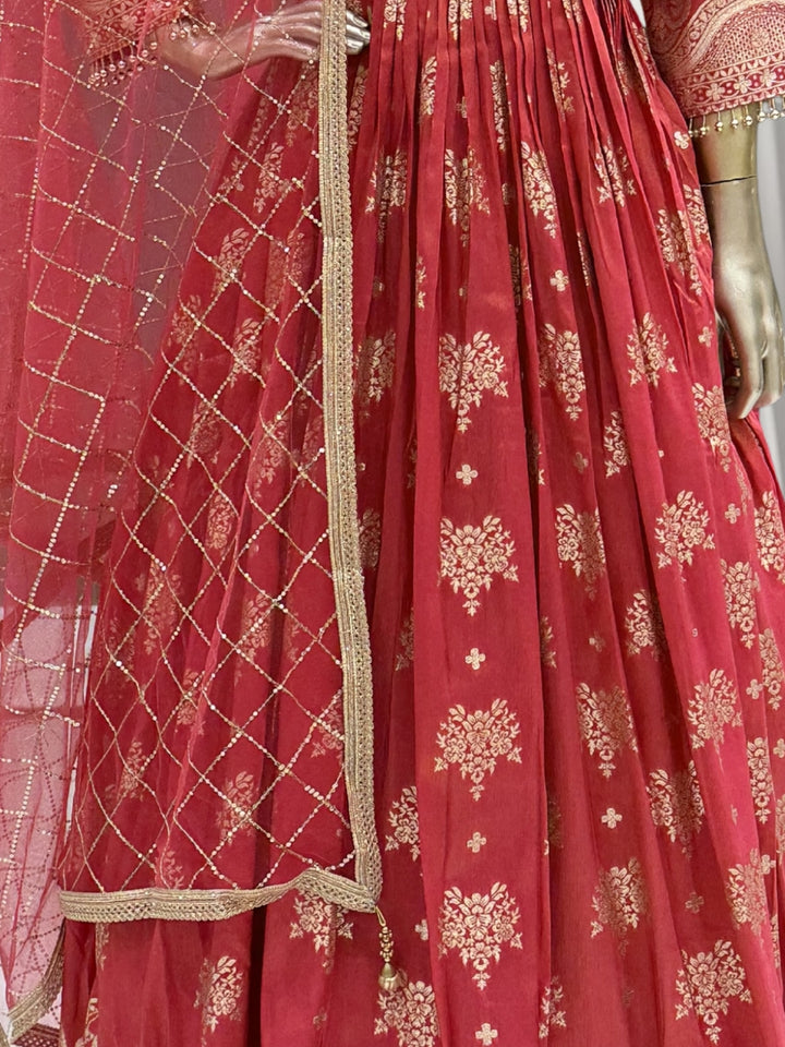 Tissue Floral Printed Anarkali Gown Set with Sequin Embroidered Dupatta & Bell Sleeves