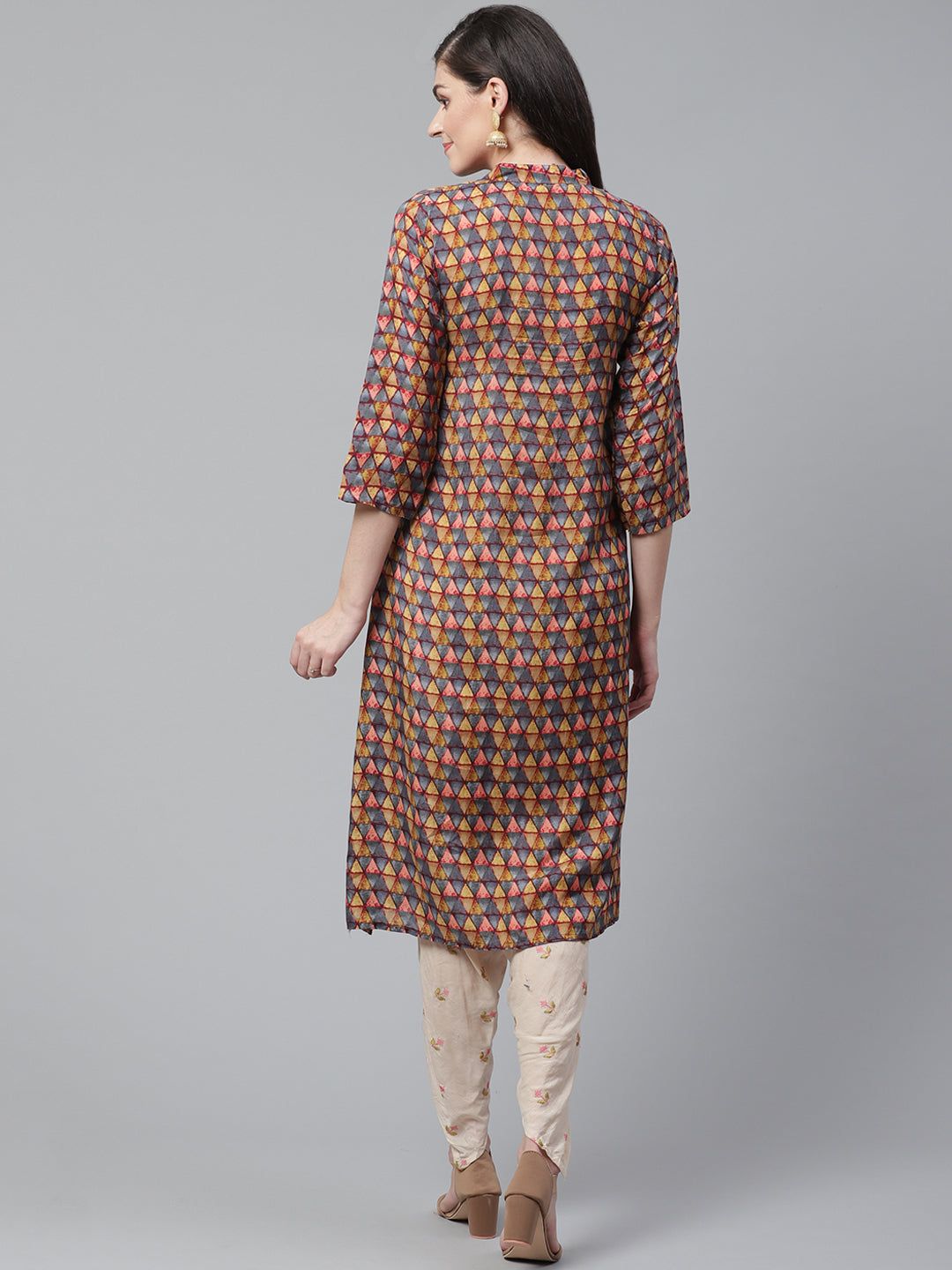 Kurta Dhoti Set With Ikat Inspired Print and Resham Cross Stitch Embroidery