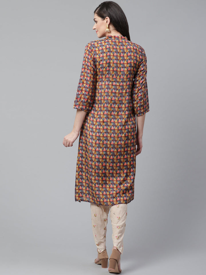 Kurta Dhoti Set With Ikat Inspired Print and Resham Cross Stitch Embroidery