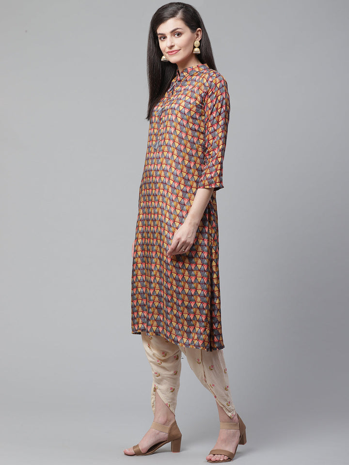 Kurta Dhoti Set With Ikat Inspired Print and Resham Cross Stitch Embroidery