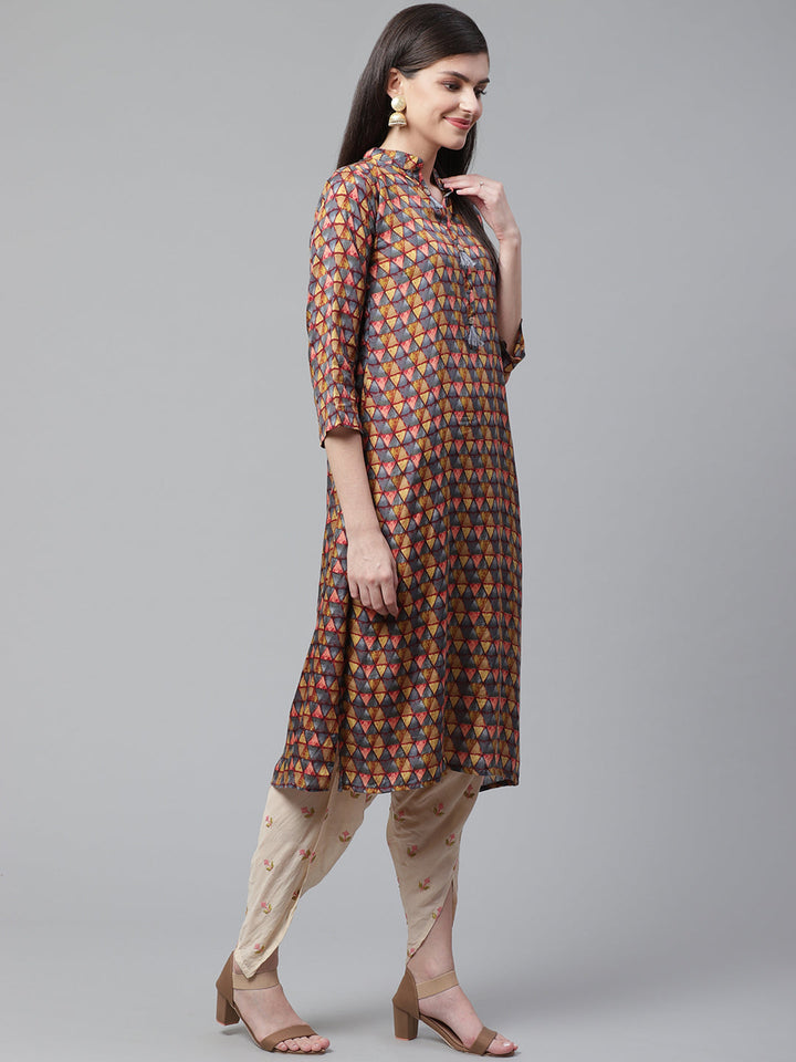 Kurta Dhoti Set With Ikat Inspired Print and Resham Cross Stitch Embroidery