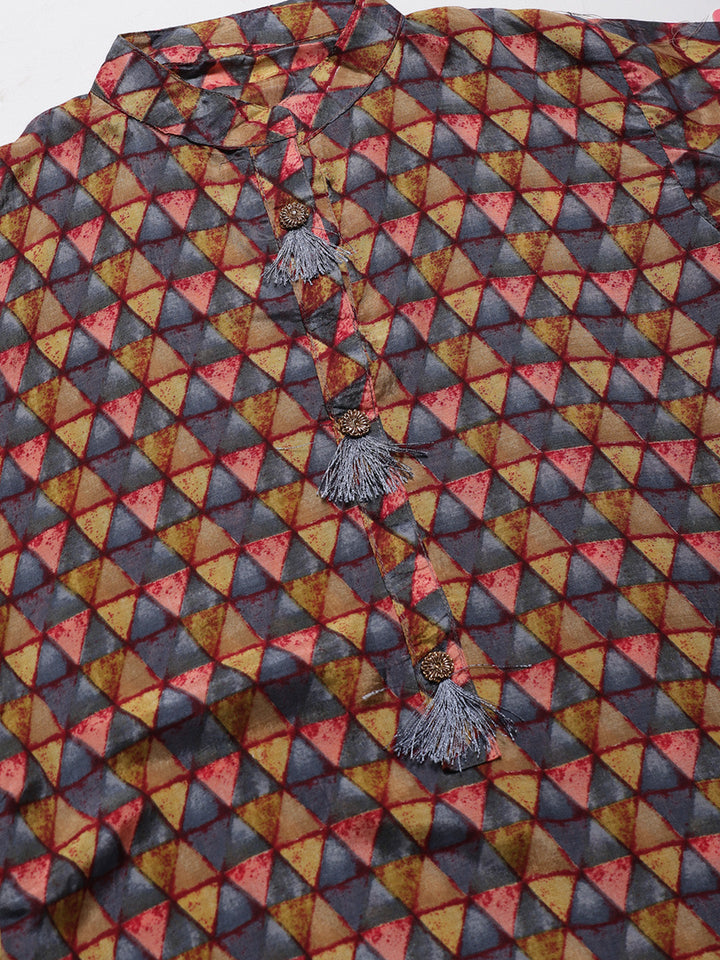 Kurta Dhoti Set With Ikat Inspired Print and Resham Cross Stitch Embroidery