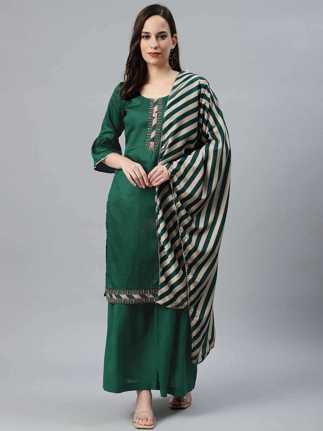 Cotton Stitched Kurta Sharara Set With Printed Gotta Pati Dupatta & Bell Sleeves