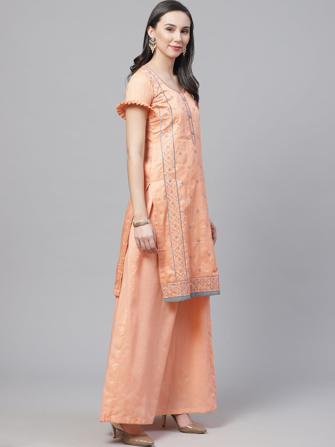 Glazed Cotton Dress Material with Thread Resham Embroidery, Chiffon Dupatta & Crystals
