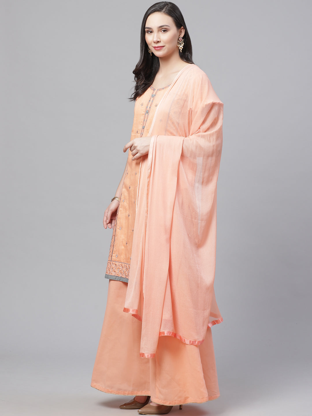 Glazed Cotton Dress Material with Thread Resham Embroidery, Chiffon Dupatta & Crystals