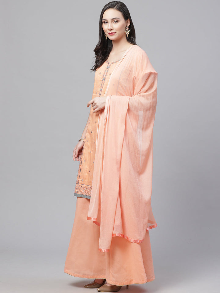 Glazed Cotton Dress Material with Thread Resham Embroidery, Chiffon Dupatta & Crystals