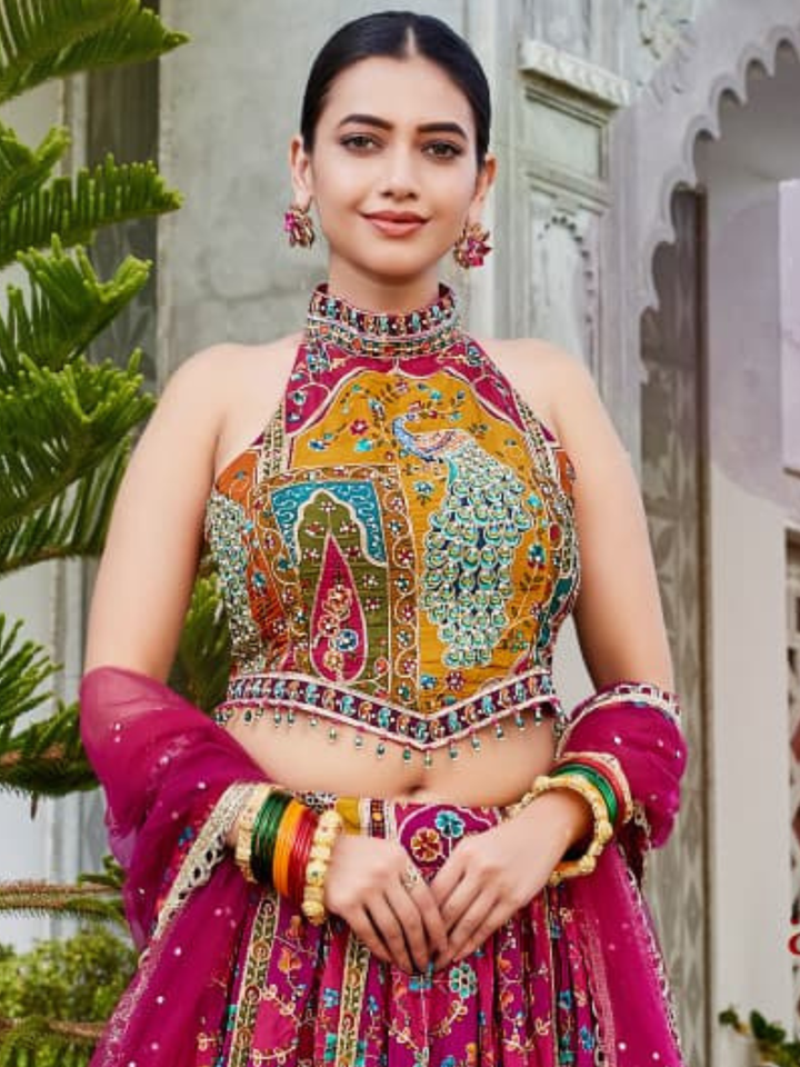 Multicolor Peacock Print Halter Neck Lehenga Choli Set with Dupatta