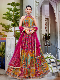 Multicolor Peacock Print Halter Neck Lehenga Choli Set with Dupatta