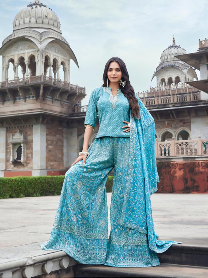 Embroidered Sharara Suit Set with Mirror Work and Dupatta