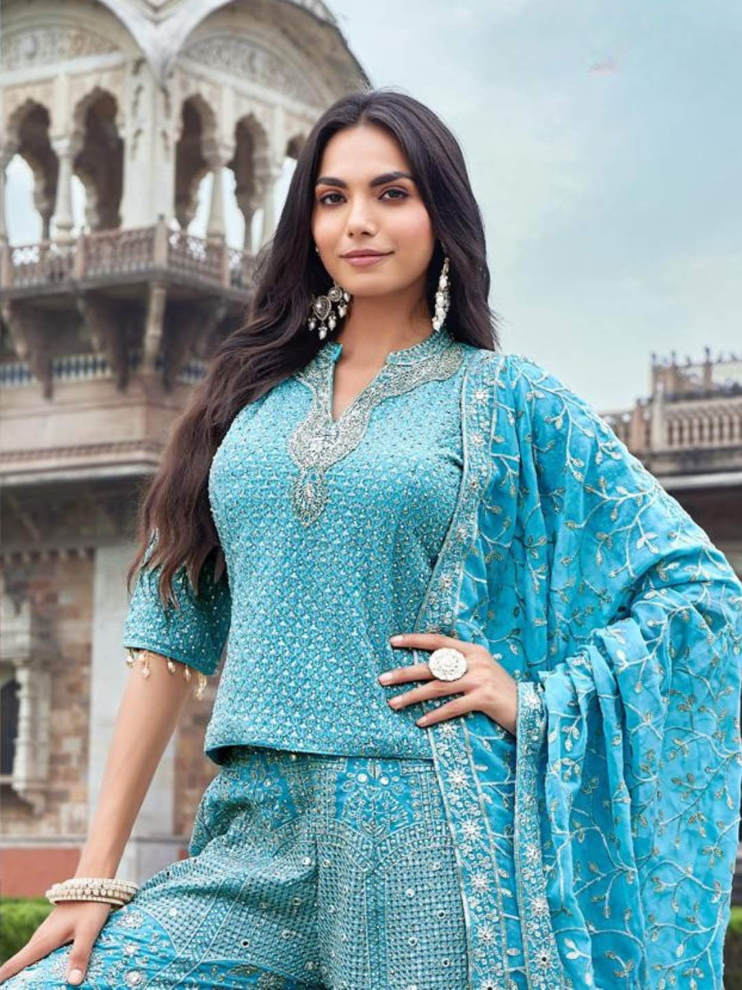 Embroidered Sharara Suit Set with Mirror Work and Dupatta
