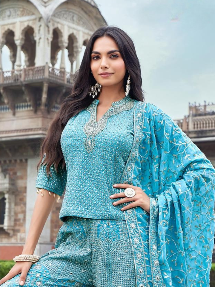Embroidered Sharara Suit Set with Mirror Work and Dupatta
