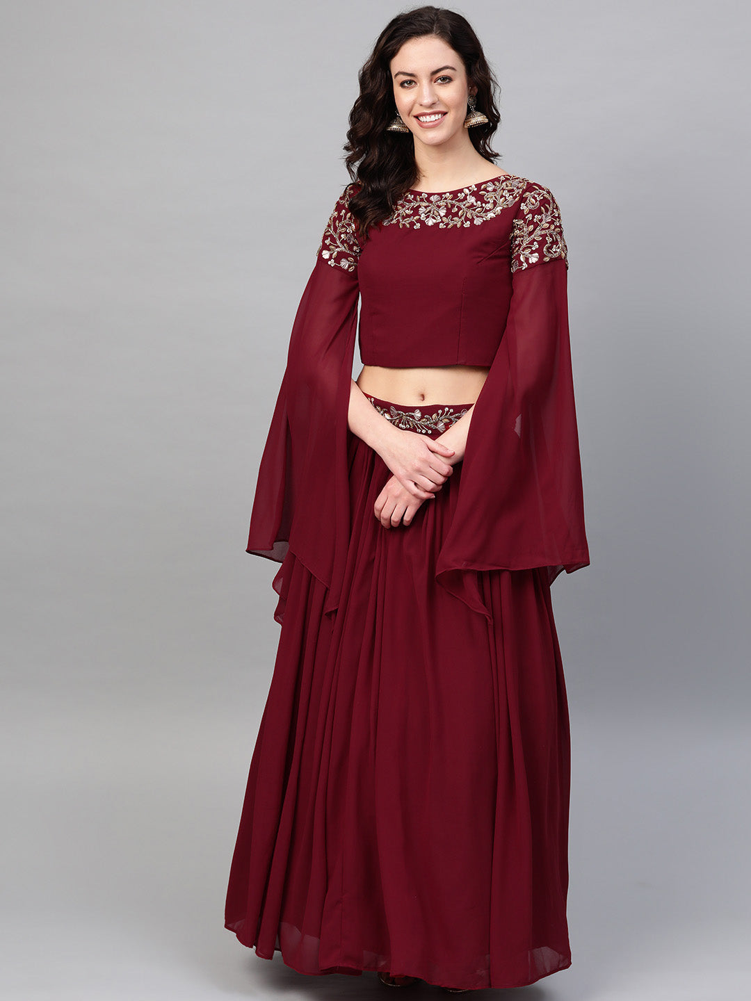 Chhabra 555 Made-to-Measure Crop Top Skirt Set with Flared Slit Cape Style Sleeves and Sequin Crystal embroidery
