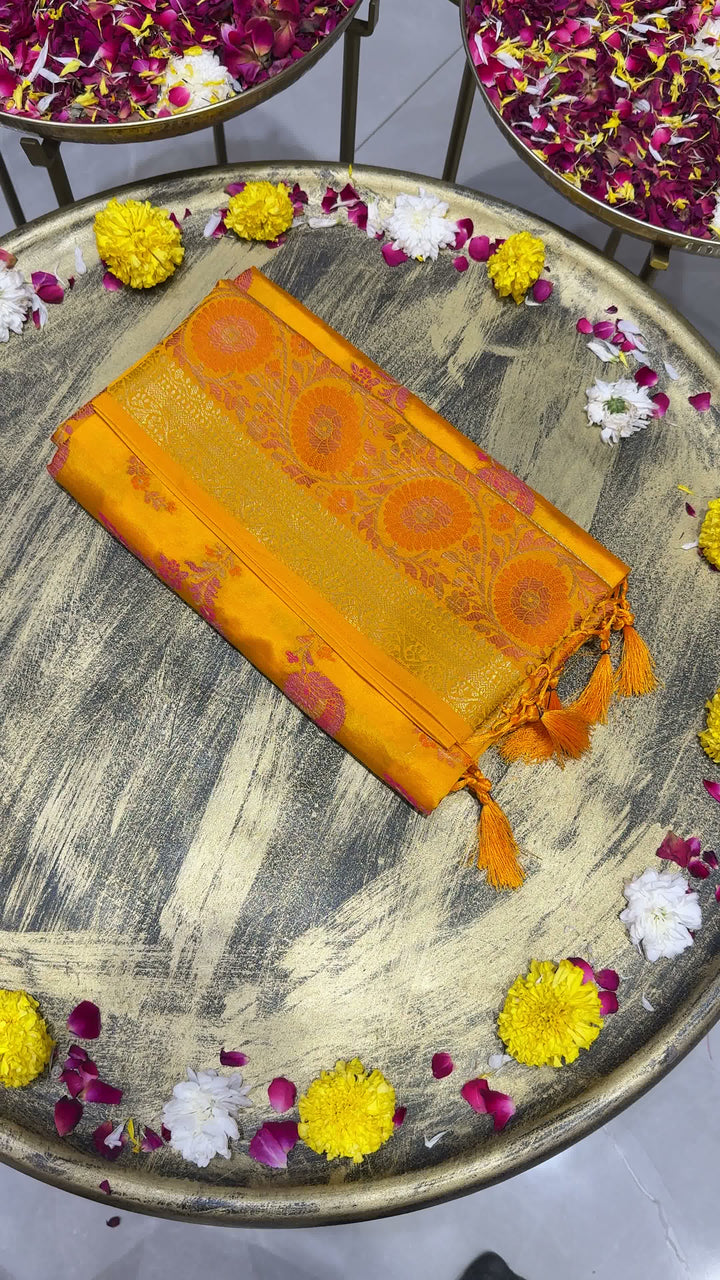 Marigold Orange Banarasi Silk Saree with Zari Floral Circular Motifs and Tassel Border