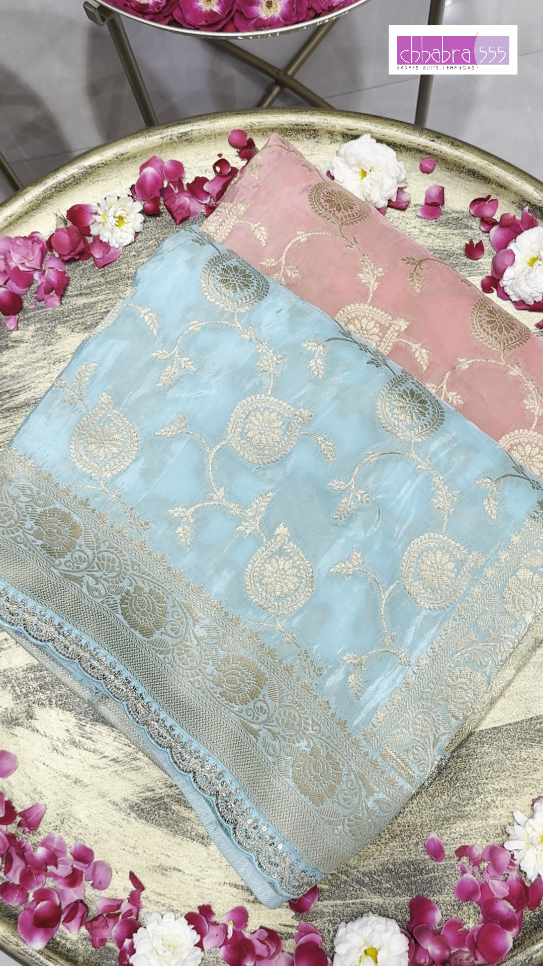 Banarasi Silk Zari Woven Paisley Ombre Saree with Sequin Scalloped Border in Mint & Teal
