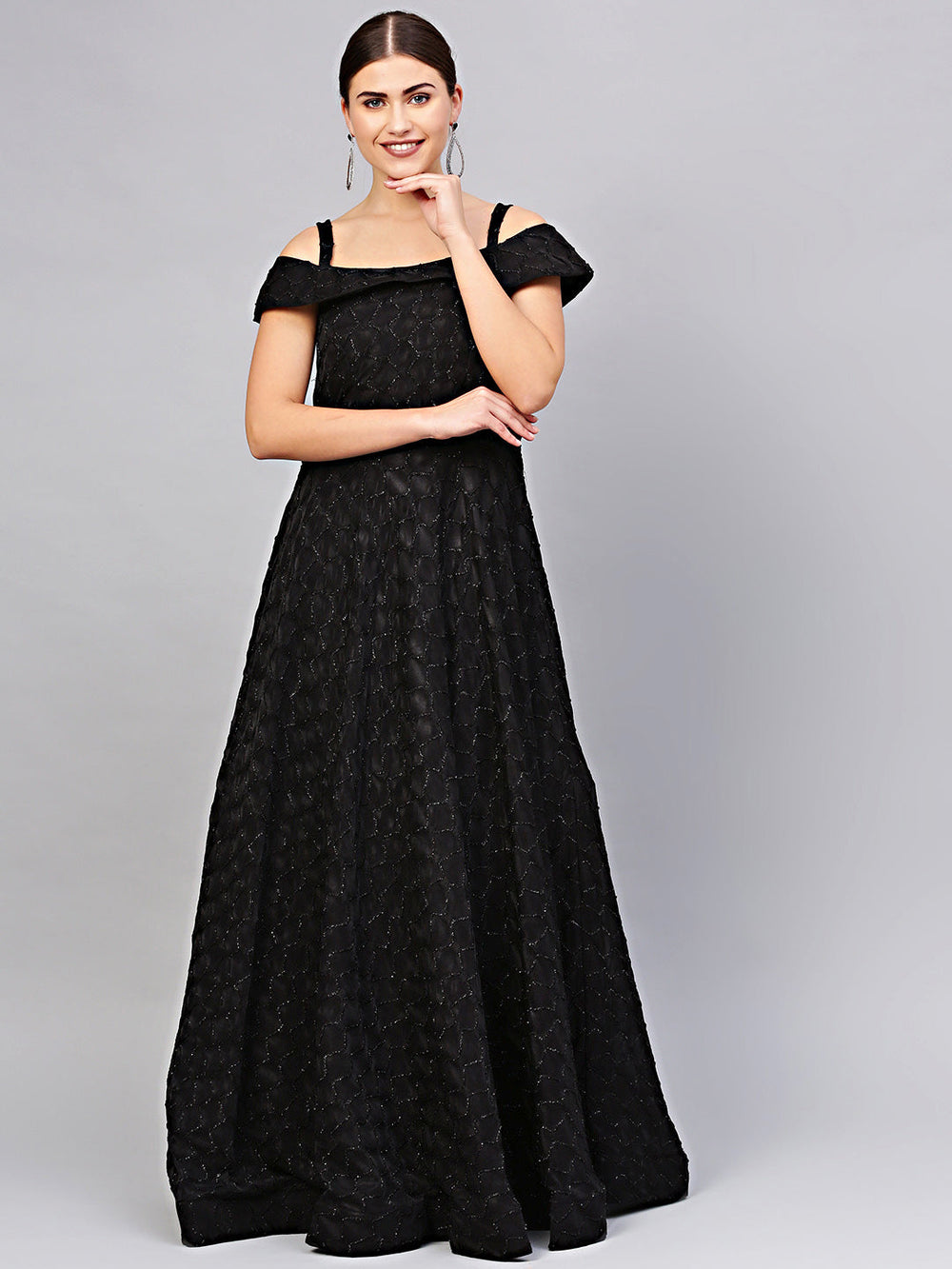 Chhabra 555 Made to Measure Floor length Black Cocktail Gown with off shoulder sleeves and textured lycra fabric and dupatta