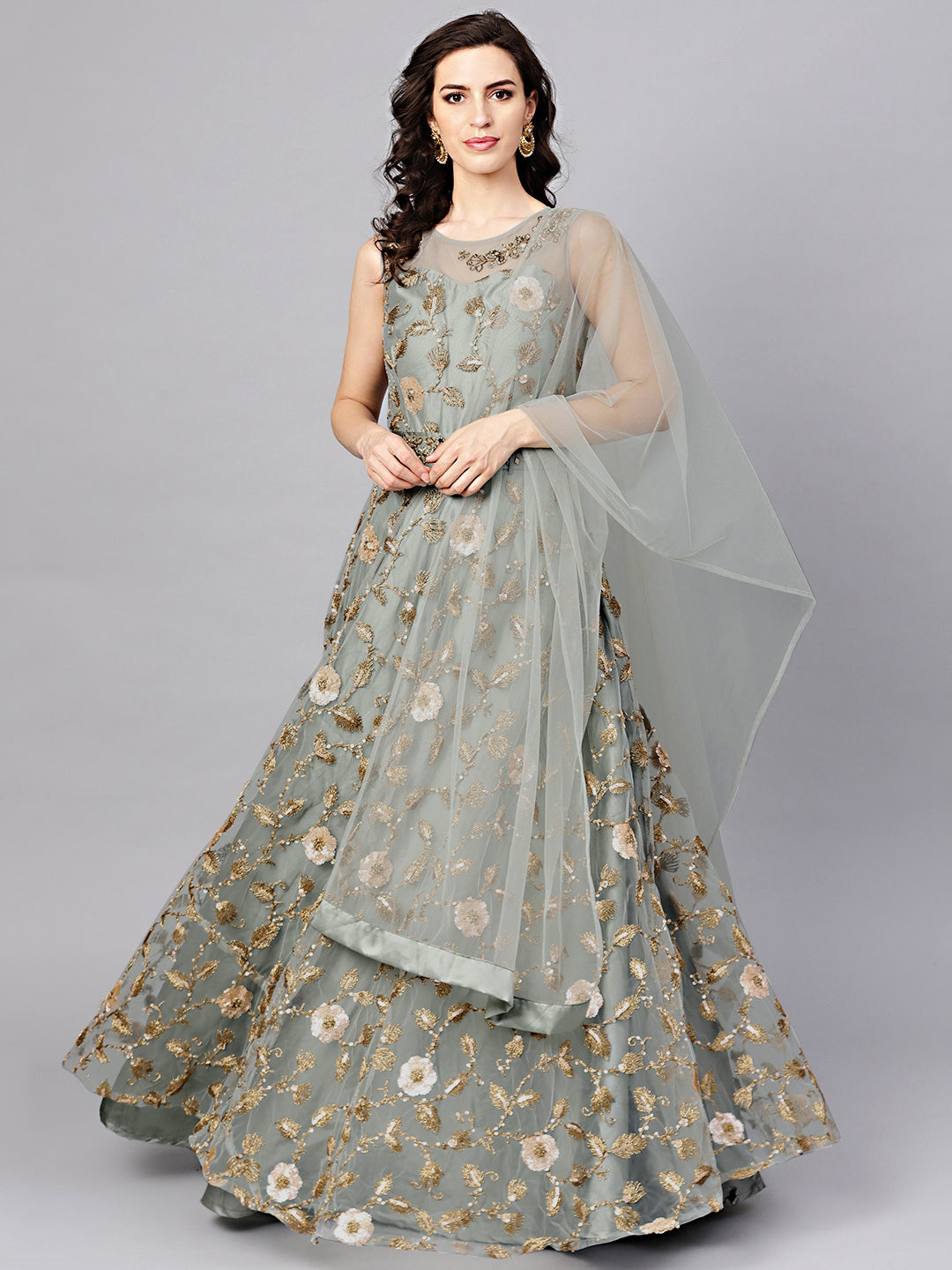 Chhabra 555 Grey Made to Measure Front Back Embroidered Gown with Belt and Dupatta   