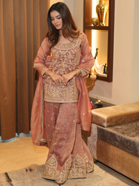 Rose Gold Crushed Tissue Kurta Palazzo Set with Zari Embroidery & Dupatta