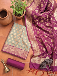 Banarasi Silk Unstitched Suit Set with Gold Zari Booti & Purple Dupatta