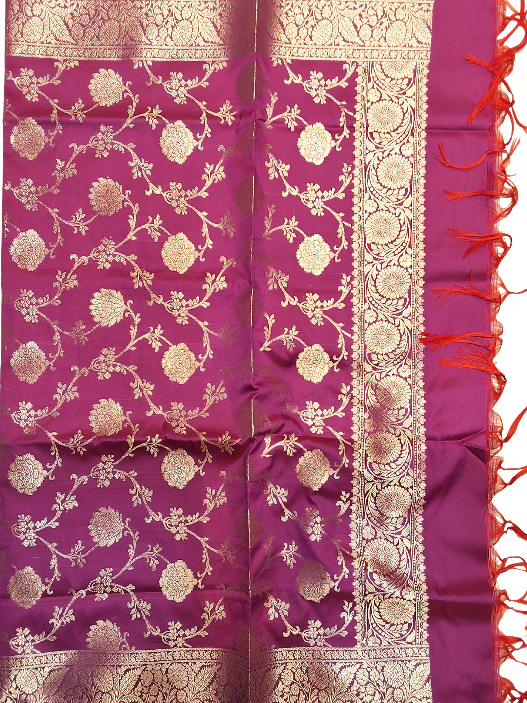 Banarasi Silk Unstitched Suit Set with Gold Zari Booti & Purple Dupatta