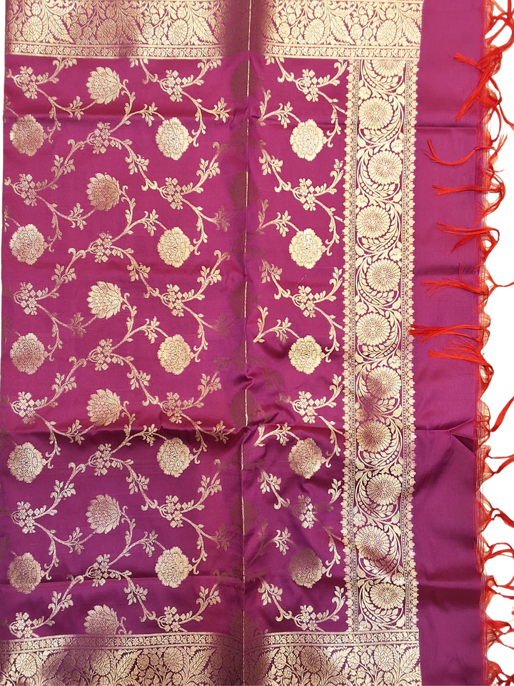 Banarasi Silk Unstitched Suit Set with Gold Zari Booti & Purple Dupatta