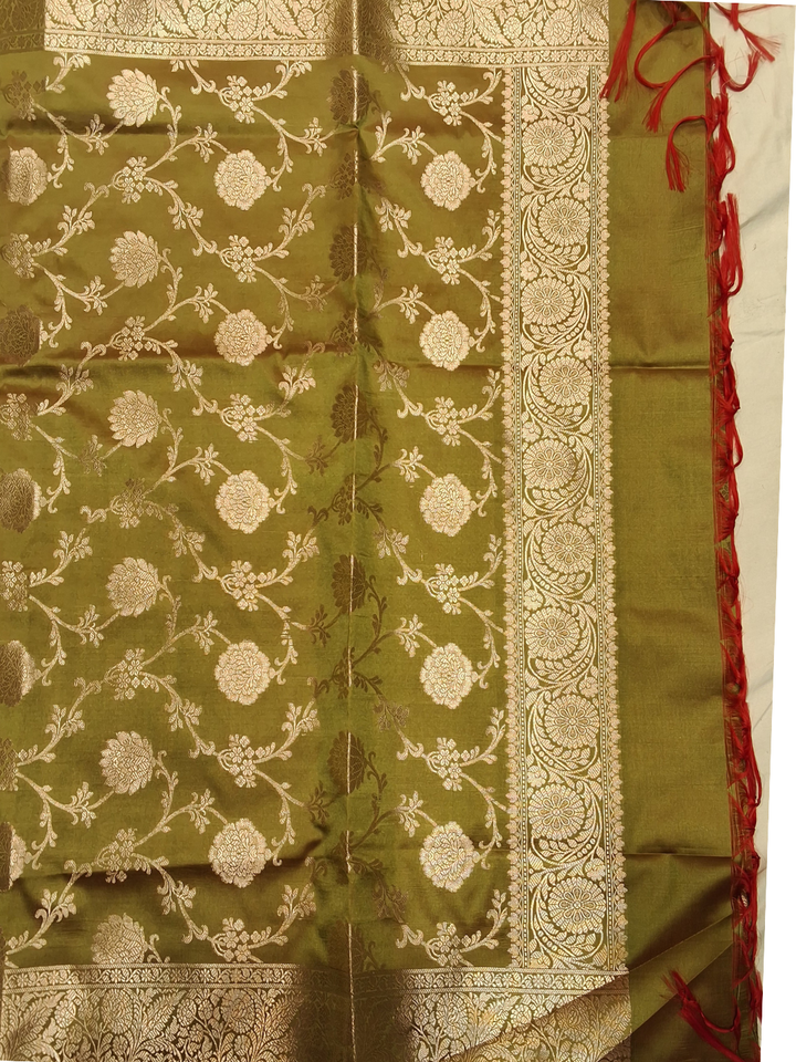 Banarasi Silk Unstitched Suit Set with Gold Zari Booti & Green Dupatta