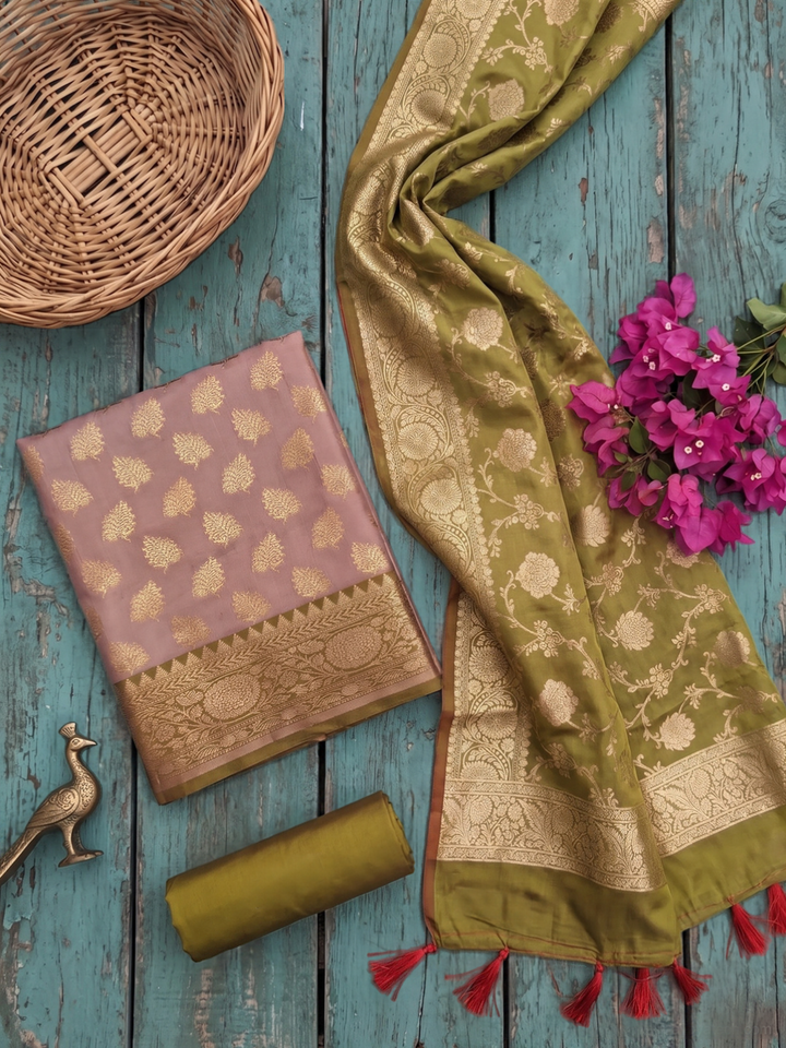Banarasi Silk Unstitched Suit Set with Gold Zari Booti & Green Dupatta