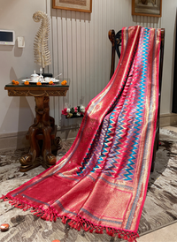 Banarasi Silk Saree with Heavy Zari Weaving, Sequin Work & Ikat Chevron Border