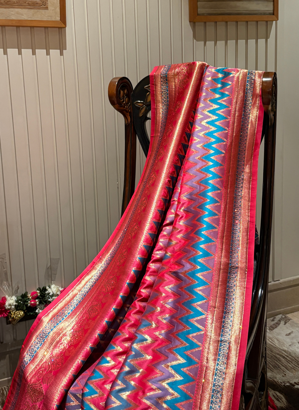 Banarasi Silk Saree with Heavy Zari Weaving, Sequin Work & Ikat Chevron Border