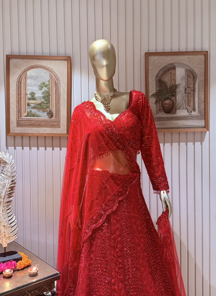 Bridal Lehenga Choli with Heavy Sequin, Resham & Cutdana Embroidery with Scalloped