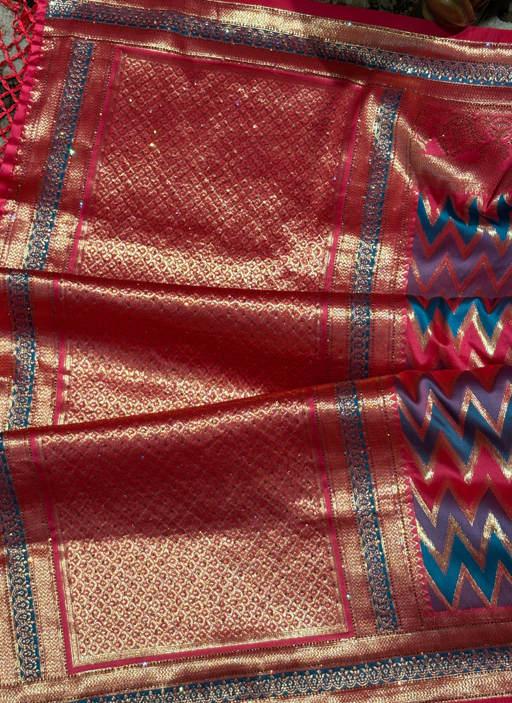 Banarasi Silk Saree with Heavy Zari Weaving, Sequin Work & Ikat Chevron Border