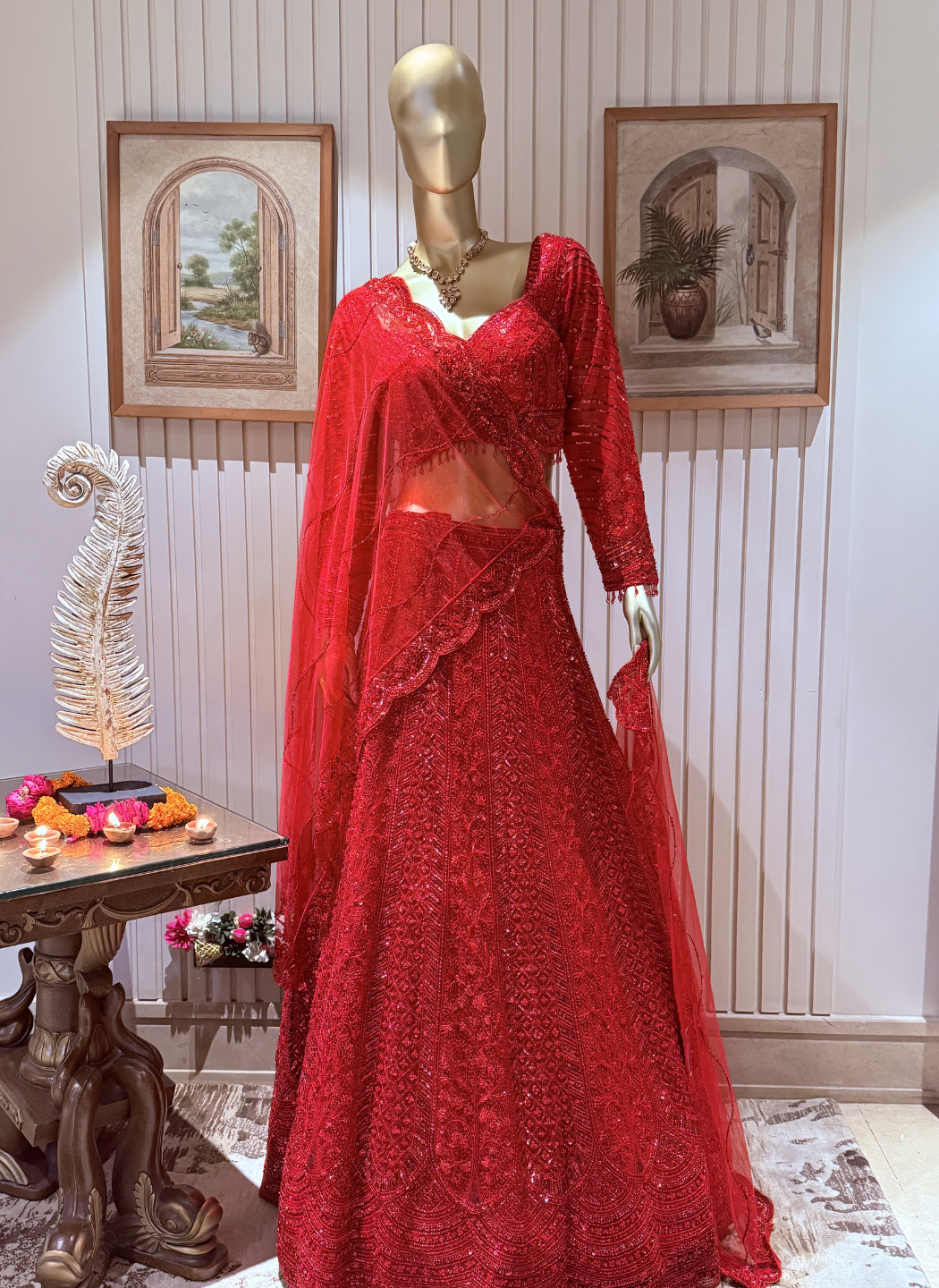 Bridal Lehenga Choli with Heavy Sequin, Resham & Cutdana Embroidery with Scalloped