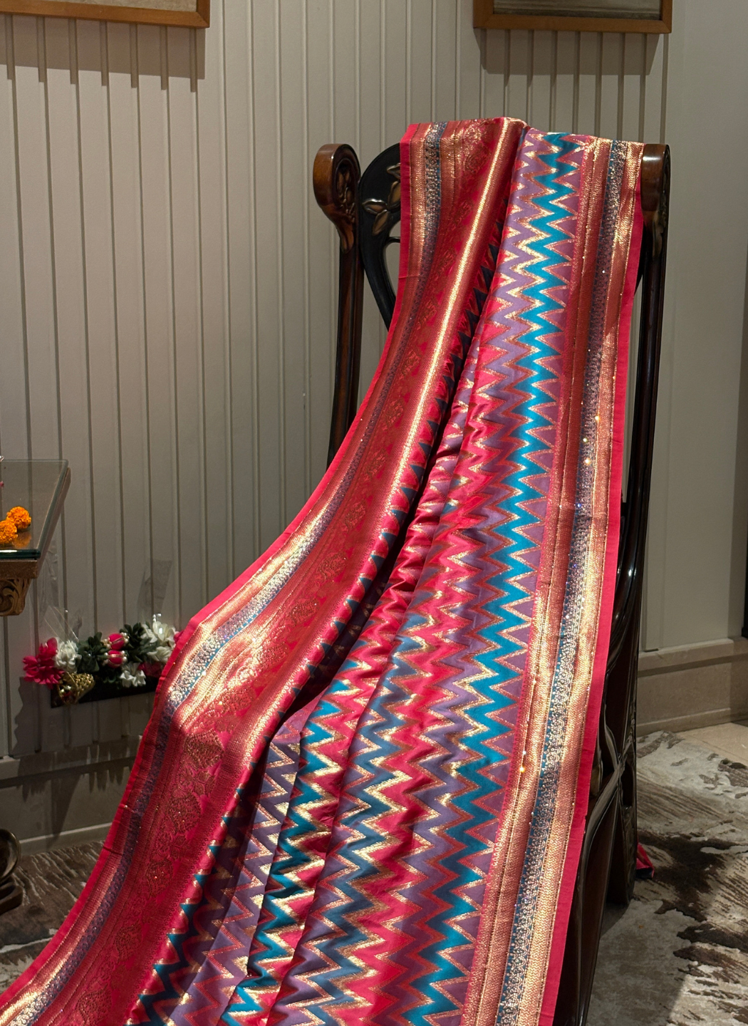Banarasi Silk Saree with Heavy Zari Weaving, Sequin Work & Ikat Chevron Border