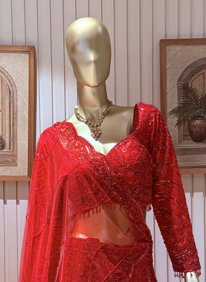 Bridal Lehenga Choli with Heavy Sequin, Resham & Cutdana Embroidery with Scalloped
