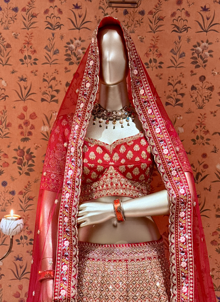 Bridal Lehenga Choli with Mughal Miniature Painting Embroidery, Sequin & Zari Work
