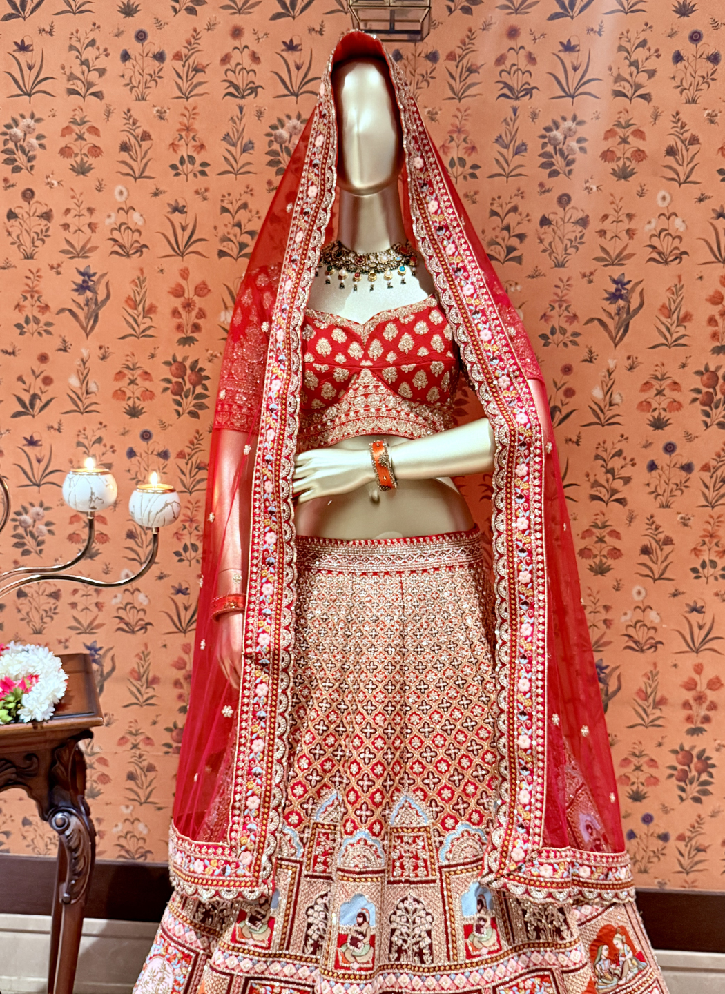 Bridal Lehenga Choli with Mughal Miniature Painting Embroidery, Sequin & Zari Work