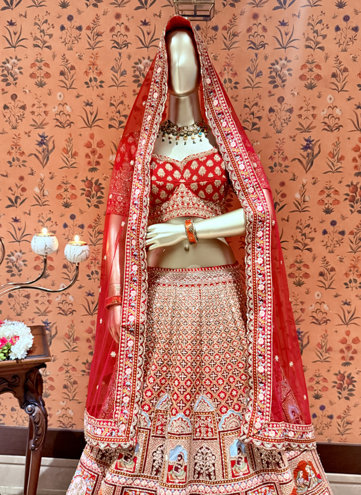Bridal Lehenga Choli with Mughal Miniature Painting Embroidery, Sequin & Zari Work