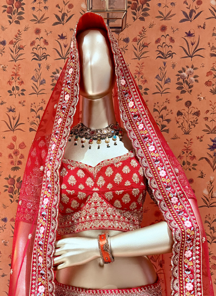 Bridal Lehenga Choli with Mughal Miniature Painting Embroidery, Sequin & Zari Work