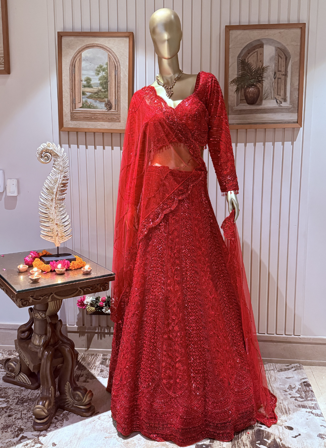 Bridal Lehenga Choli with Heavy Sequin, Resham & Cutdana Embroidery with Scalloped